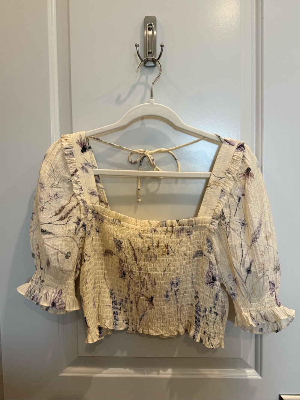 Floral Smocked Square-Neck Crop Top - Cream Floral